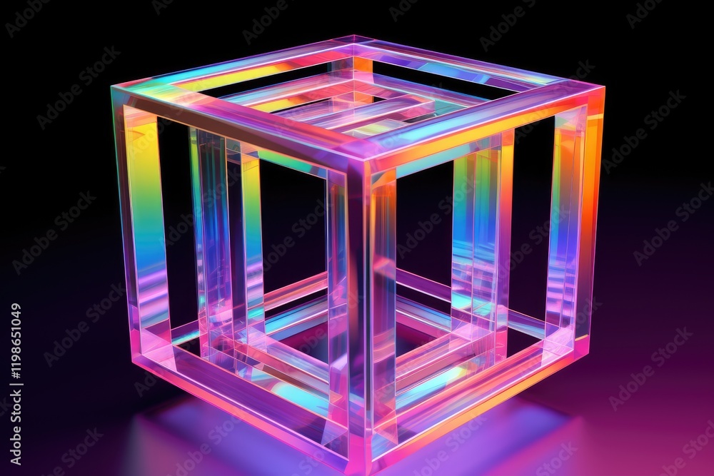 Poster an abstract perspective of a vibrant metallic cube frame illuminated by neon colors at an artistic s