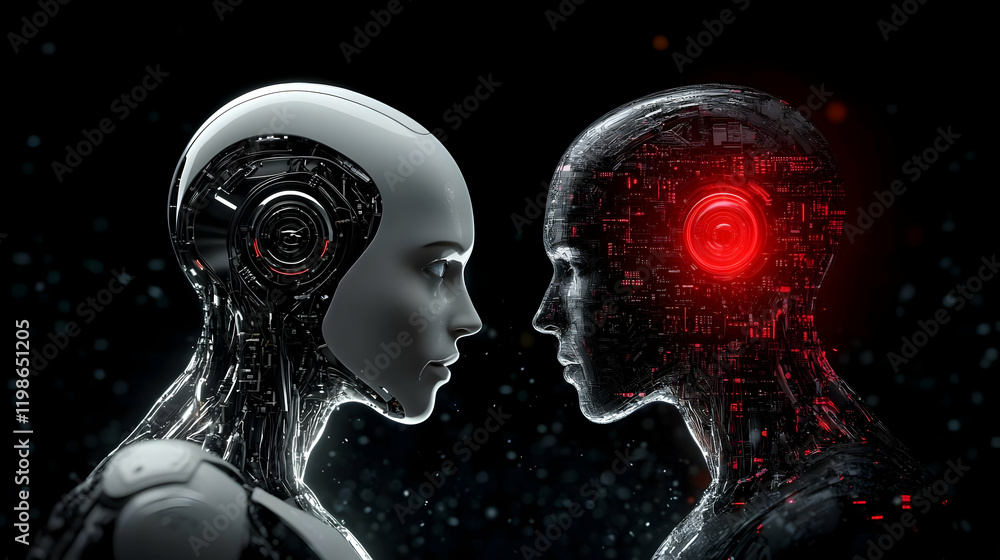 Poster two futuristic robots face each other, showcasing advanced technology and artificial intelligence.