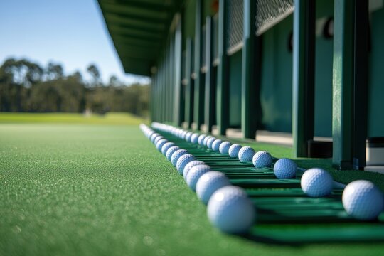 A Close-Up View of a Neatly Arranged Row of Golf Balls at a Driving Range, Surrounded by Lush Green Grass and a Gazebo Structure in the Background