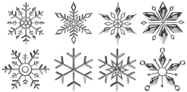 set of chrome silver snowflakes 3d render
