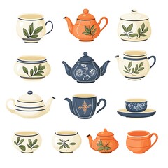 A Collection of Charming Teacups and Teapots with Delicate Floral and Leaf Designs.