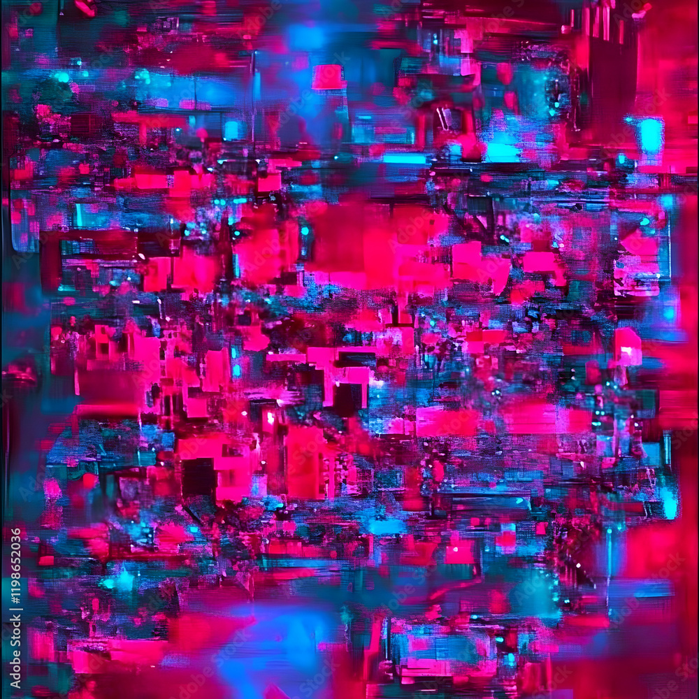 Poster abstract background shows vibrant pink and blue colors dynamically intertwined, creating a striking 