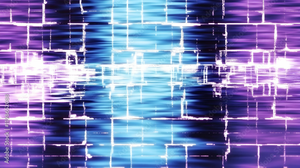 Poster abstract background shows blue and purple grid pattern with bright streaks of light creating a futur