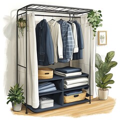 Stylish Modern Clothing Rack with Plants and Organized Storage in a Minimalist Room.