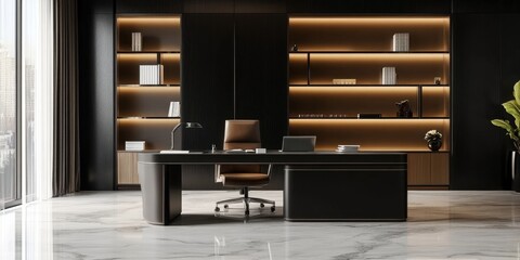 Modern workplace with dark luxury style with copy space and office supplies, Generative AI
