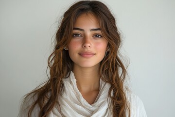 Fototapeta premium A portrait of a young woman with long, wavy hair and a natural expression against a neutral background.