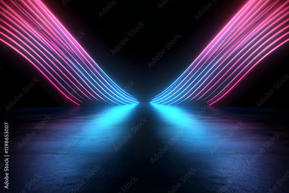 Poster abstract 3d background with glowing neon lines reflecting on a dark surface