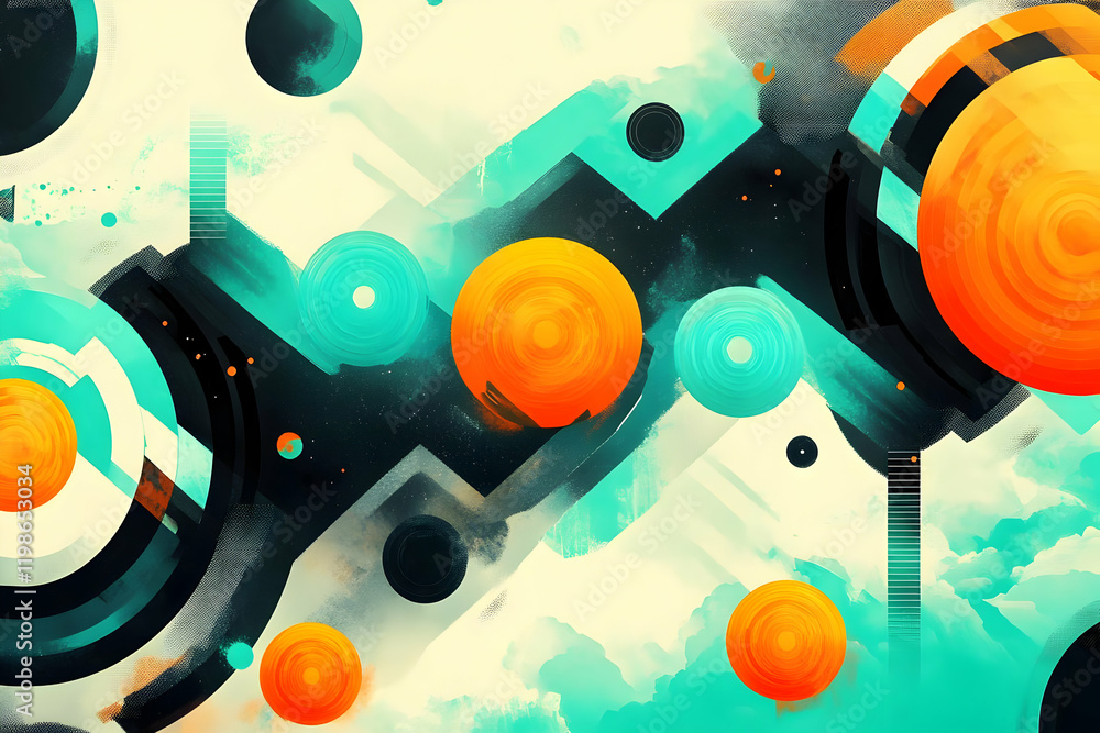 Poster abstract background with orange and teal circles dynamically interacting on a textured canvas