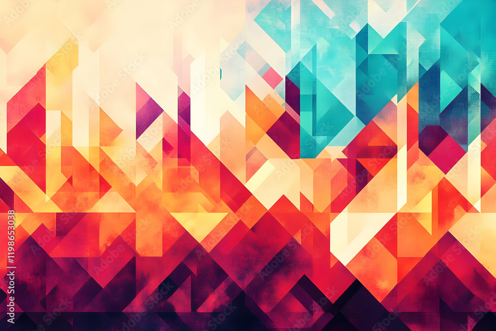 Poster abstract geometric background displays triangles and rectangles in vibrant colors with textured effe