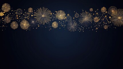 Golden Fireworks Exploding in Various Shapes on Dark Blue Background, Festive Vector Illustration, Flat Design, Elegant and Simple