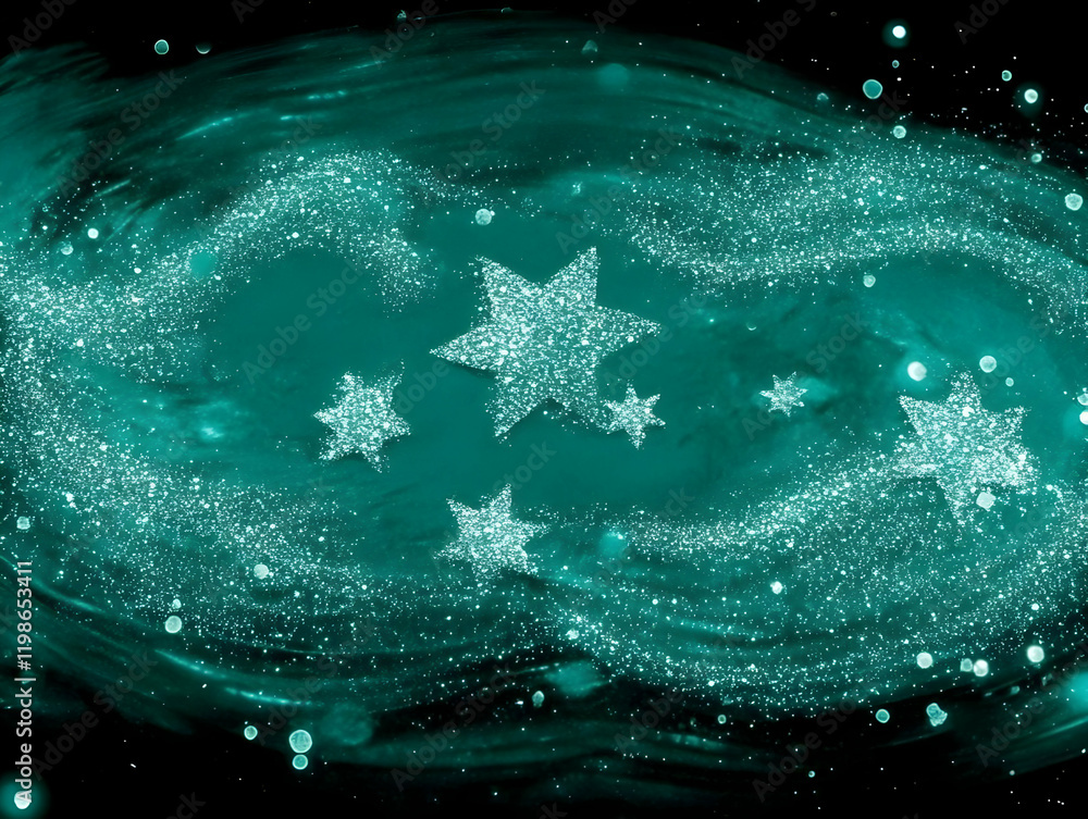 Poster glittering teal abstract background with sparkling stars and swirling texture