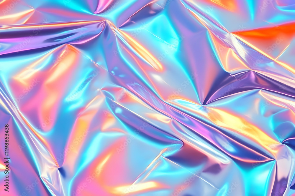 Poster iridescent holographic foil background creates a colorful abstract texture with light and shadow.