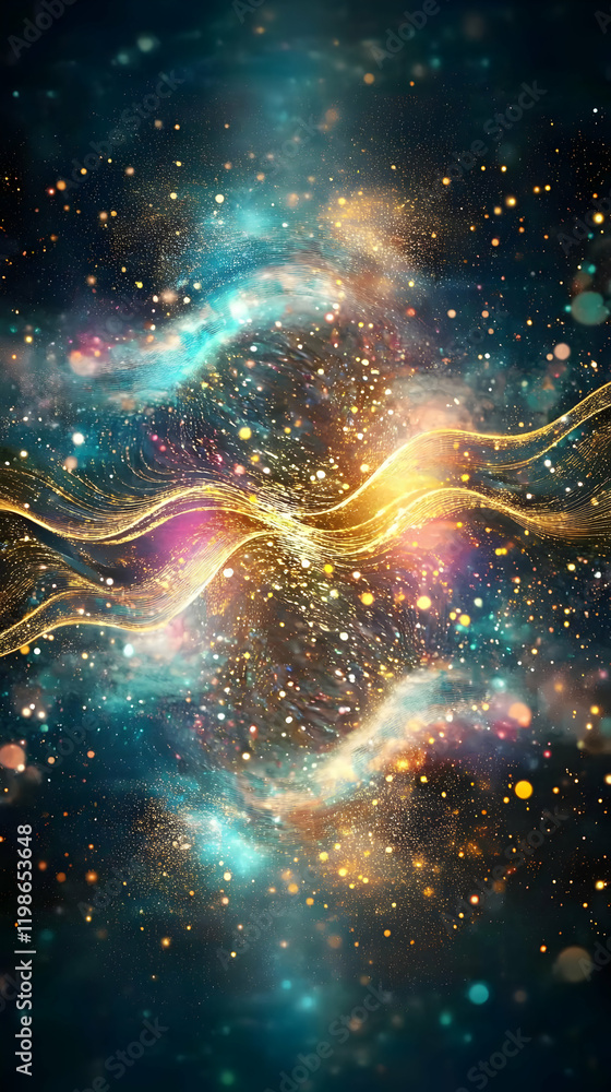 Aufkleber abstract background with golden waves and sparkling particles dynamically flowing