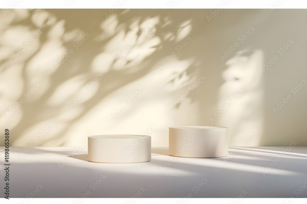 Poster two empty white cylinder podiums on table with leaf shadow background for product placement display