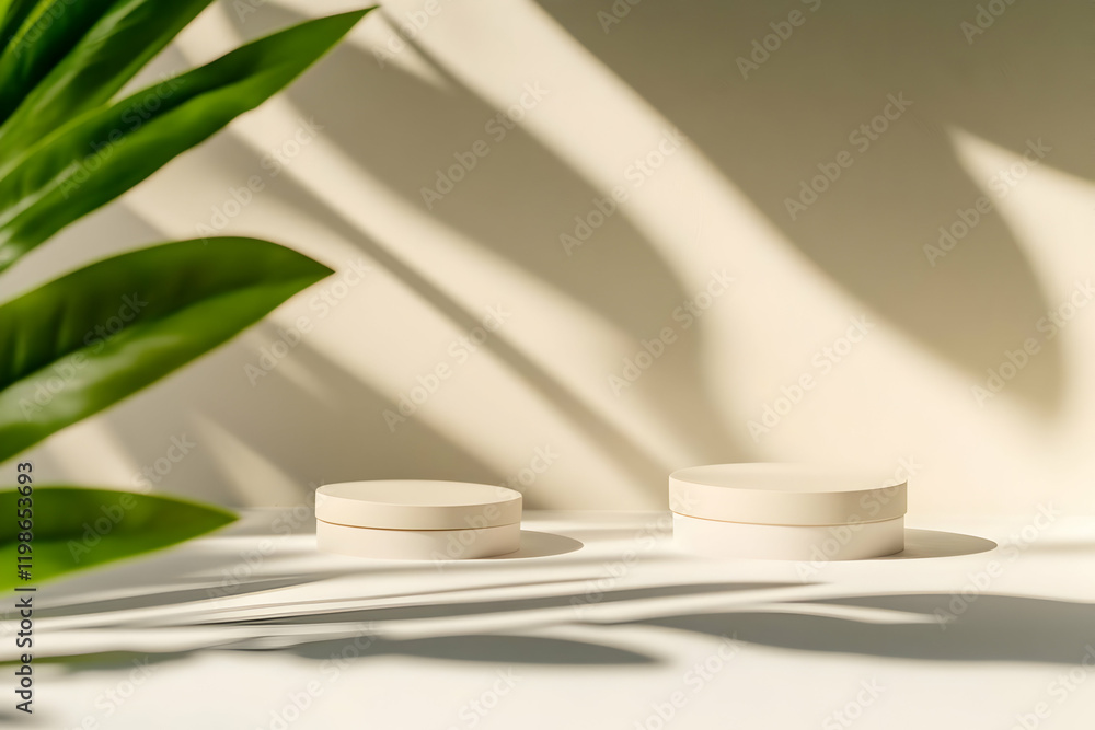 Poster two empty round podiums with leaf shadows for product display