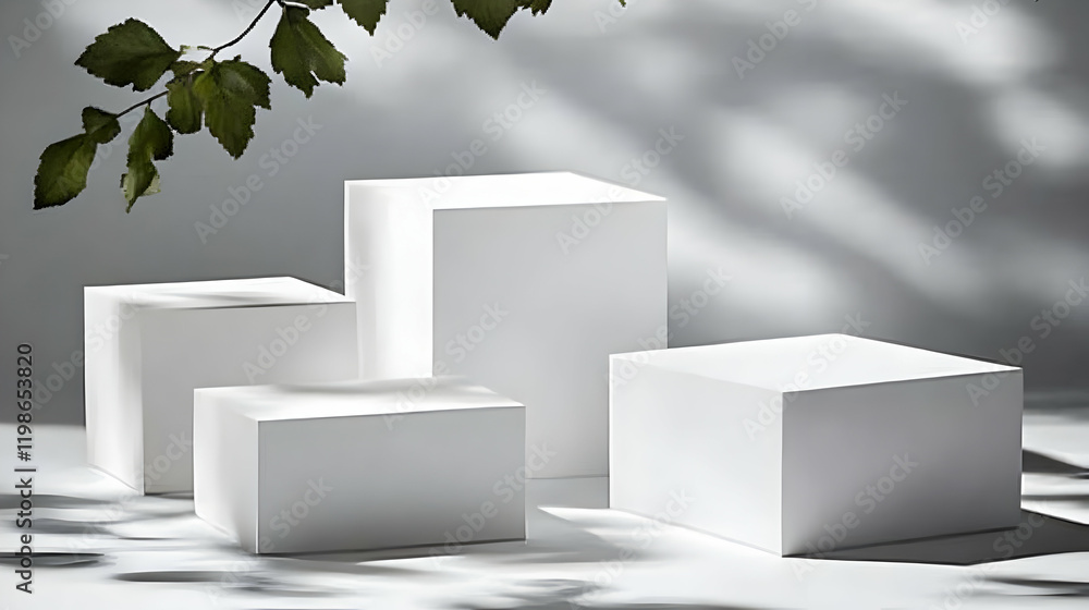 Poster four white cubes stand on a white surface with leaf shadows, creating a minimalist display