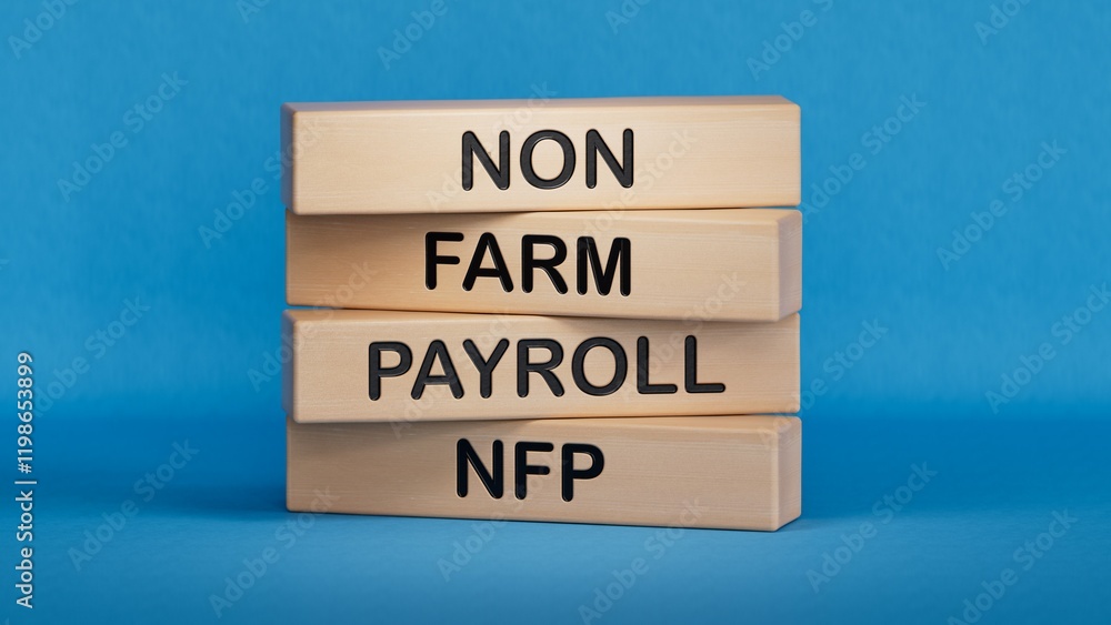 Poster man made word nfp with wood blocks. wooden cube blocks. copy space.3d rendering on blue background.