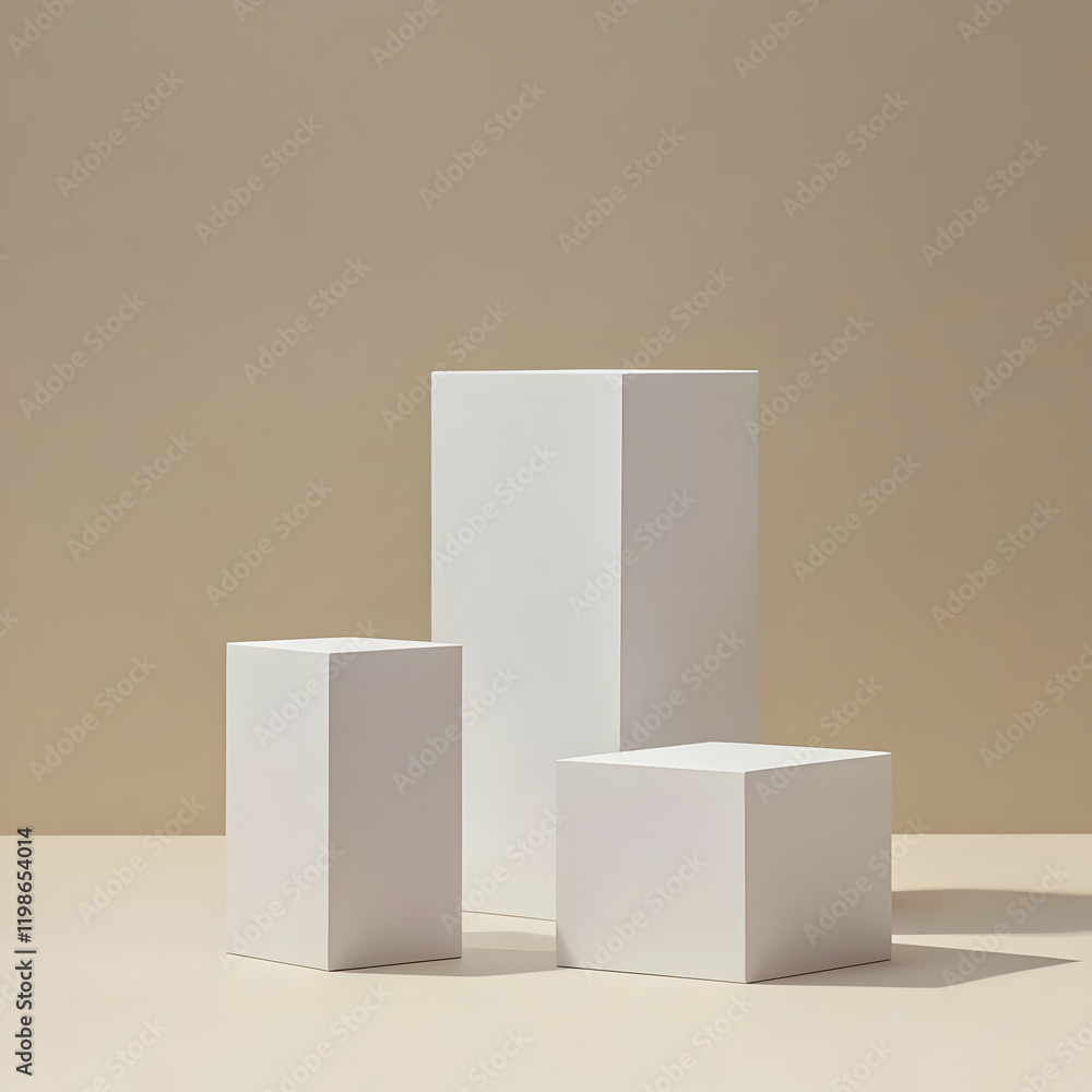 Poster three white rectangular cuboids stand on a beige surface against a matching backdrop
