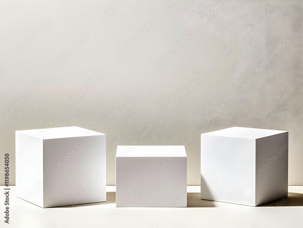 Poster three white cubes stand on a beige surface, creating a minimalist display in front of a textured wal