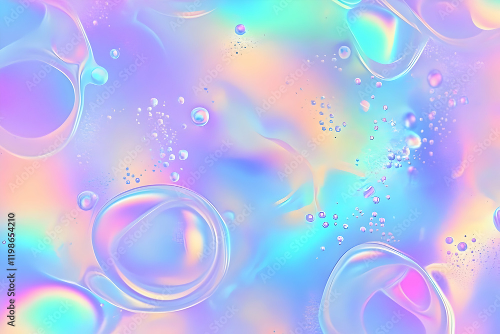 Poster abstract background displays iridescent bubbles floating gently on a pastel gradient.
