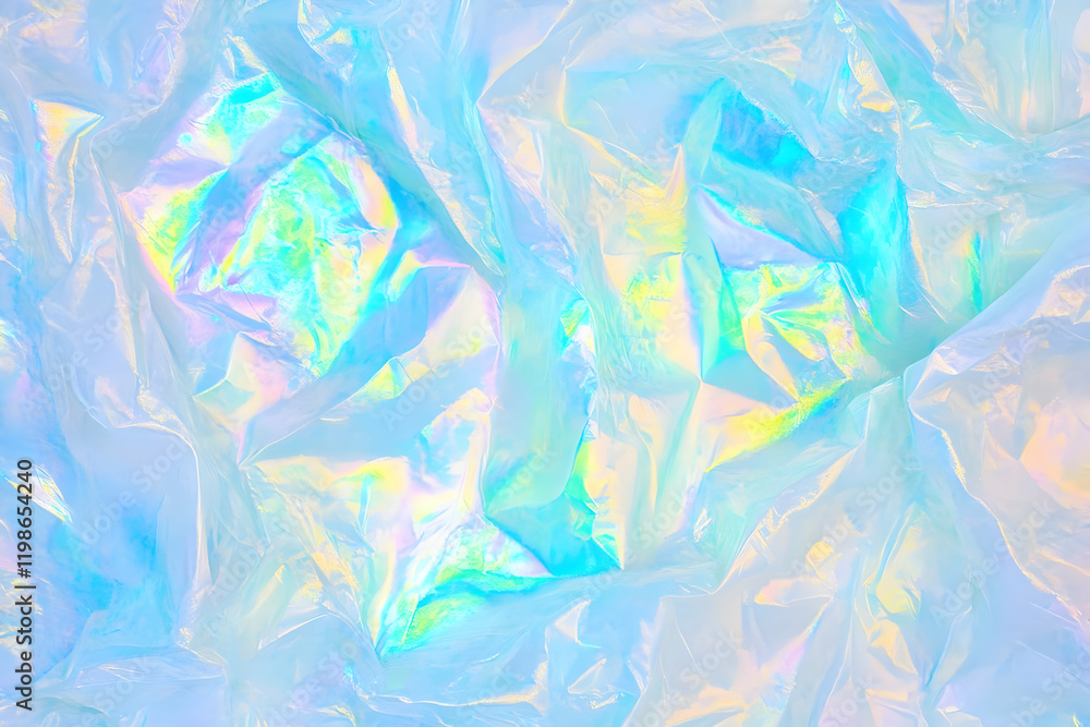 Poster iridescent cellophane texture reflects rainbow colors, creating a mesmerizing abstract background.