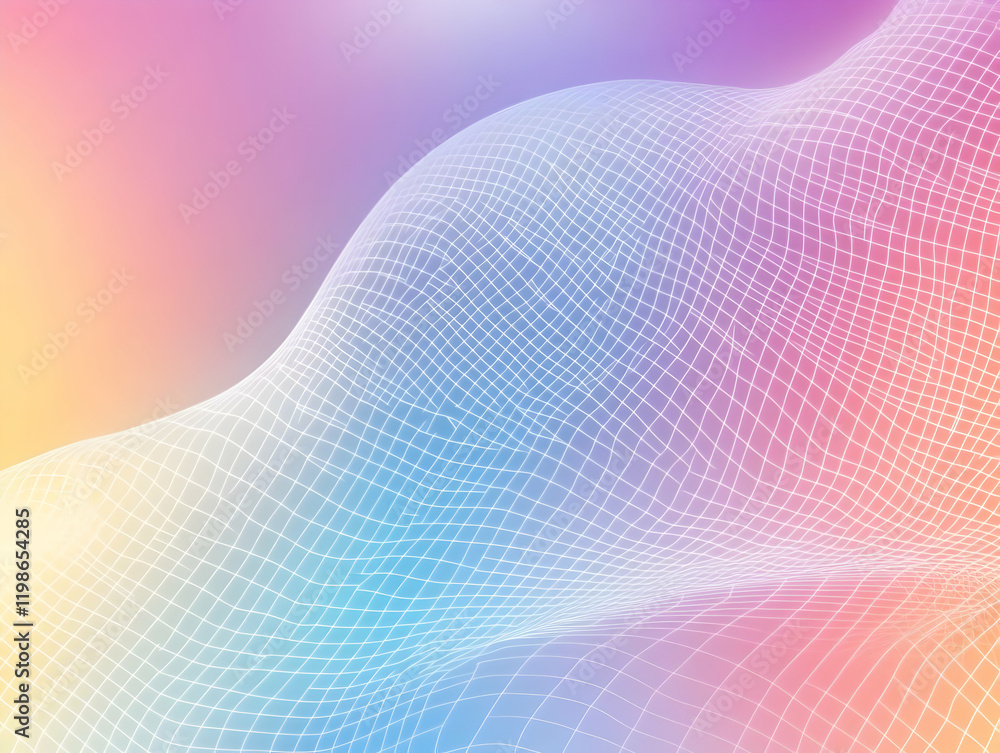 Poster abstract 3d wireframe mesh flows over gradient pastel background smoothly and elegantly
