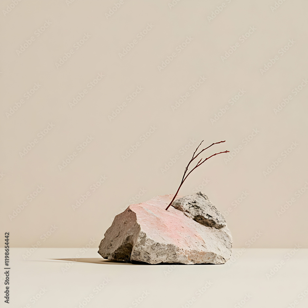 Poster a single bare branch protrudes from a weathered rock fragment on a minimalist beige backdrop.