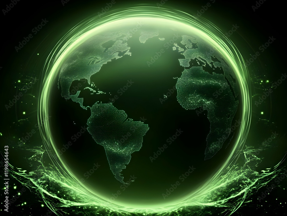 Poster glowing green digital earth globe shows continents and data points with abstract energy
