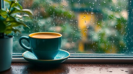 A cup of coffee on a windowsill during a rainy day