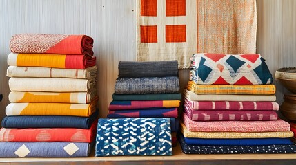 Stacks of vibrant colorful handwoven textiles