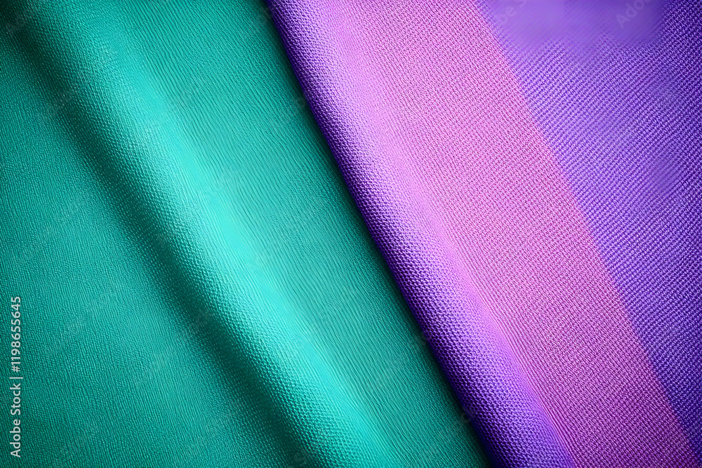 Poster textured teal and purple fabrics form a diagonal divide, creating a colorful contrast