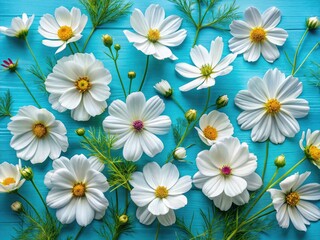 Fototapeta premium Panoramic Spring Cosmos Flowers, White Cosmos Blue Background, Summer Floral Flat Lay, Top View, Copy Space