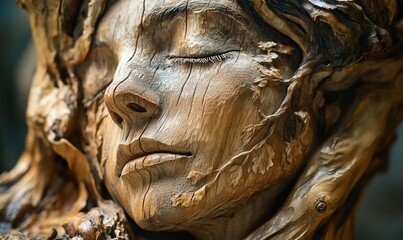 Serene wooden sculpture, nature's embrace, close-up, art