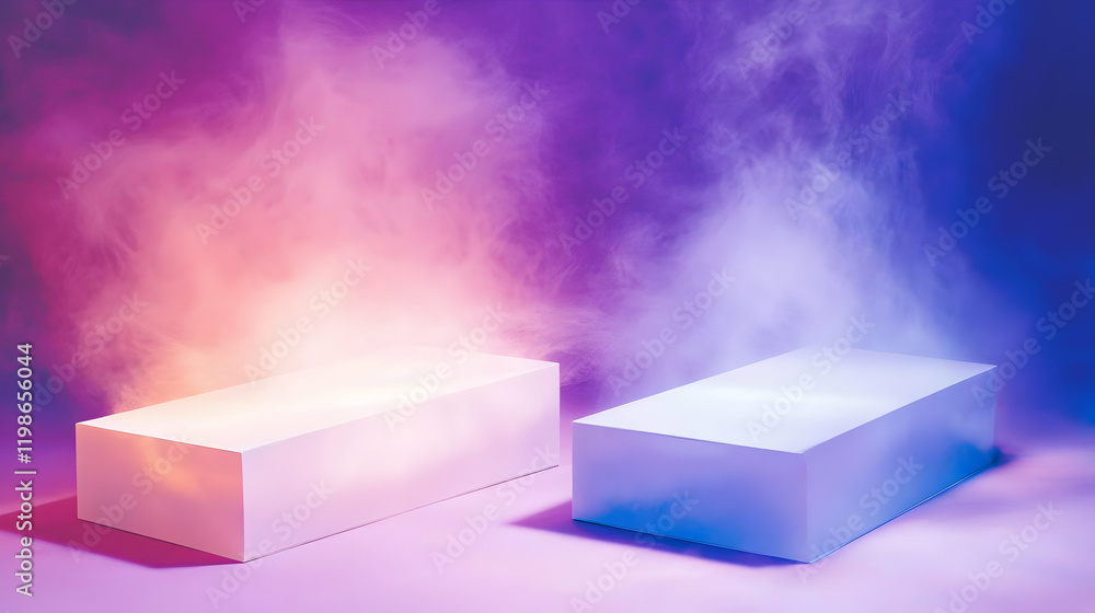 Poster two empty white rectangular podiums on a purple background with colorful smoke, ideal for product di