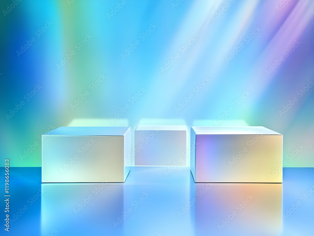 Aufkleber three empty iridescent cubes stand on reflective surface with soft blue and green backdrop.