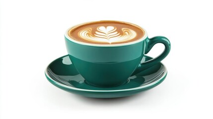Fototapeta premium Coffee cup clip art showing a green ceramic cup of cappuccino with latte art at the top, isolated on a white background