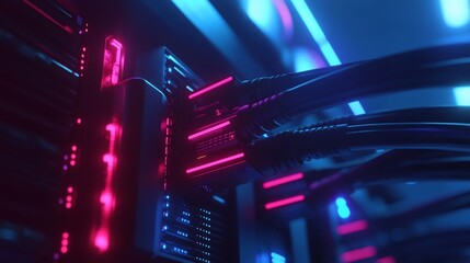 Server room cables glowing neon, data center