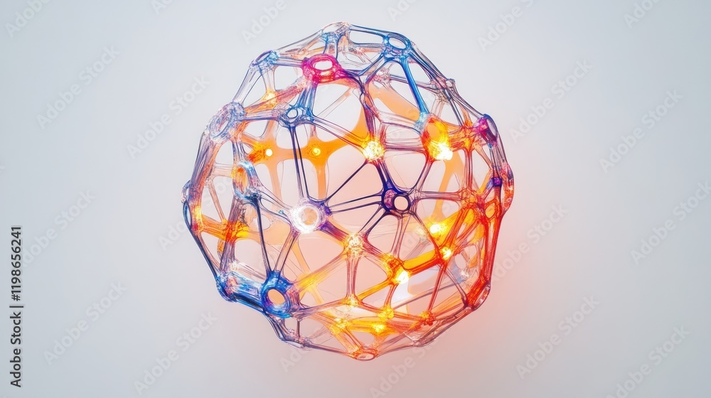 Poster abstract interconnected globe with glowing nodes on solid white background
