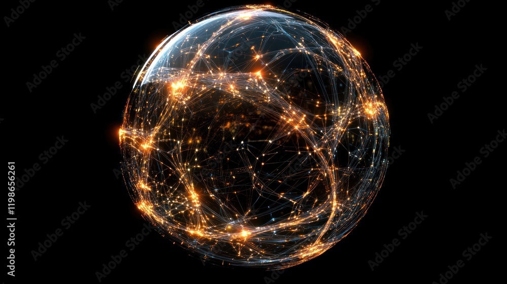 Poster abstract interconnected globe with glowing nodes.