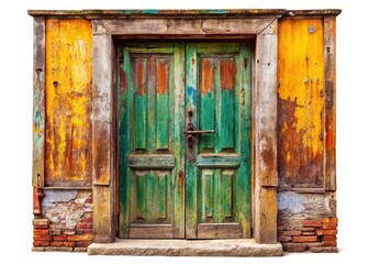 Panoramic Vintage Wooden Door, Old Rustic Home Entrance, Isolated White Background, Antique Doorway