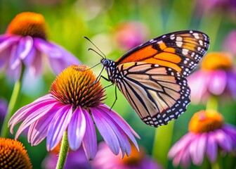 Naklejka premium Monarch Butterfly on Purple Coneflower - Summer Meadow Stock Photo