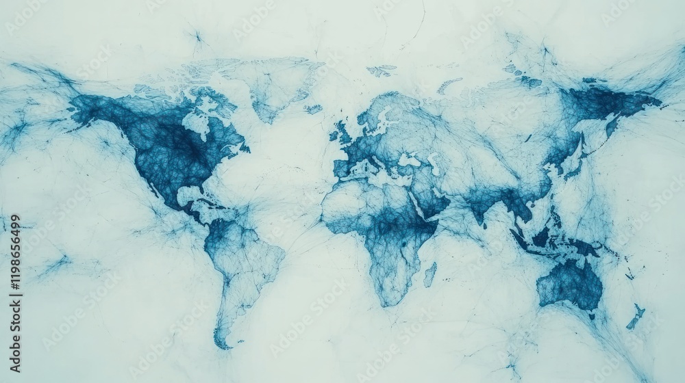 Poster abstract light blue world map with lines and nodes.