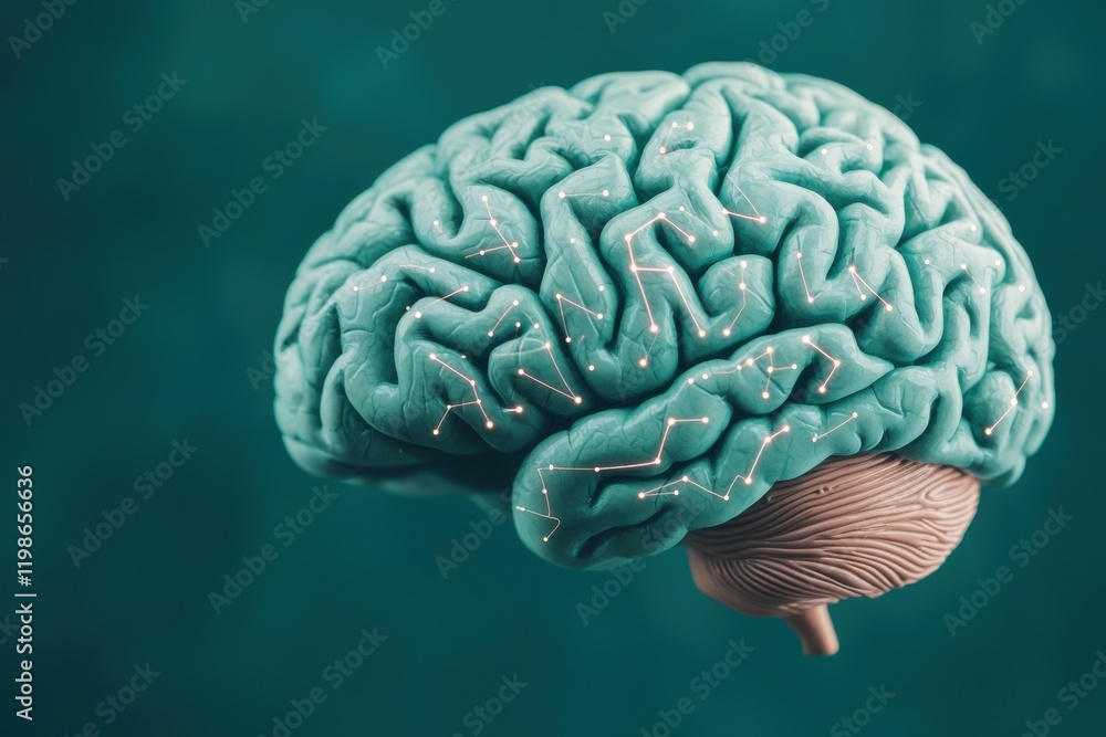Poster exploring brain functionality science lab 3d model educational environment close-up view neural conc
