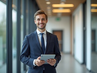 Fototapeta premium Confident young professional dressed smartly, smiling and holding a tablet, standing in a modern office hallway with natural lighting, representing leadership and innovation in a business environment
