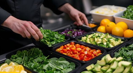 A person selects fresh vegetables from a variety of colorful produce in a kitchen setting, emphasizing healthy food preparation.