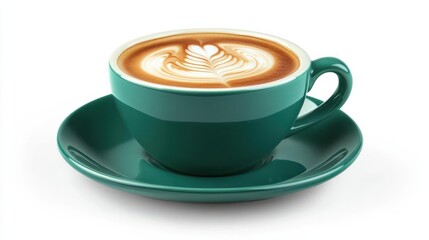 Coffee cup clip art showing a green ceramic cup of cappuccino with latte art at the top, isolated on a white background