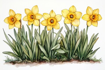 A watercolor illustration of vibrant yellow daffodils surrounded by green leaves.