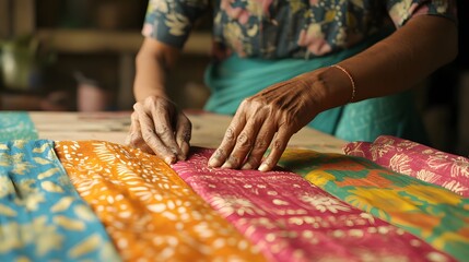 Artisans Hands Carefully Examining Colorful Hand Dyed Fabrics
