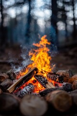 A glowing campfire surrounded by logs in a forest, creating a warm and inviting atmosphere.