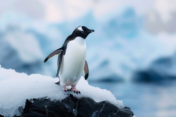 Obraz premium A solitary penguin perched on a floating piece of ice in a tranquil polar landscape, surrounded by a serene, icy seascape during the crisp twilight hours of a chilly day
